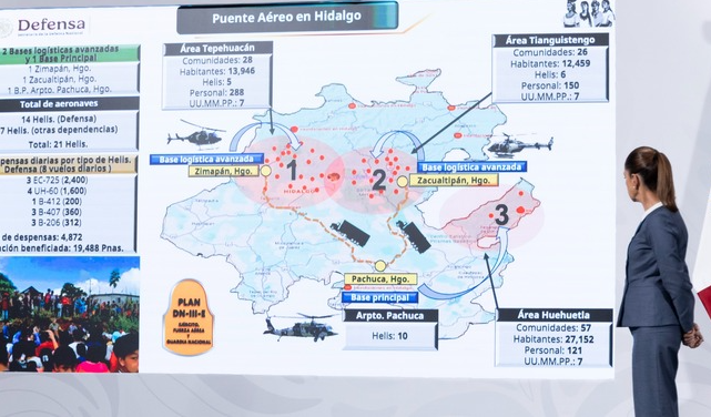 Gobierno de México activa en Hidalgo 3 Centros de Mando con 111 puentes aéreos para atender a comunidades afectadas por las lluvias