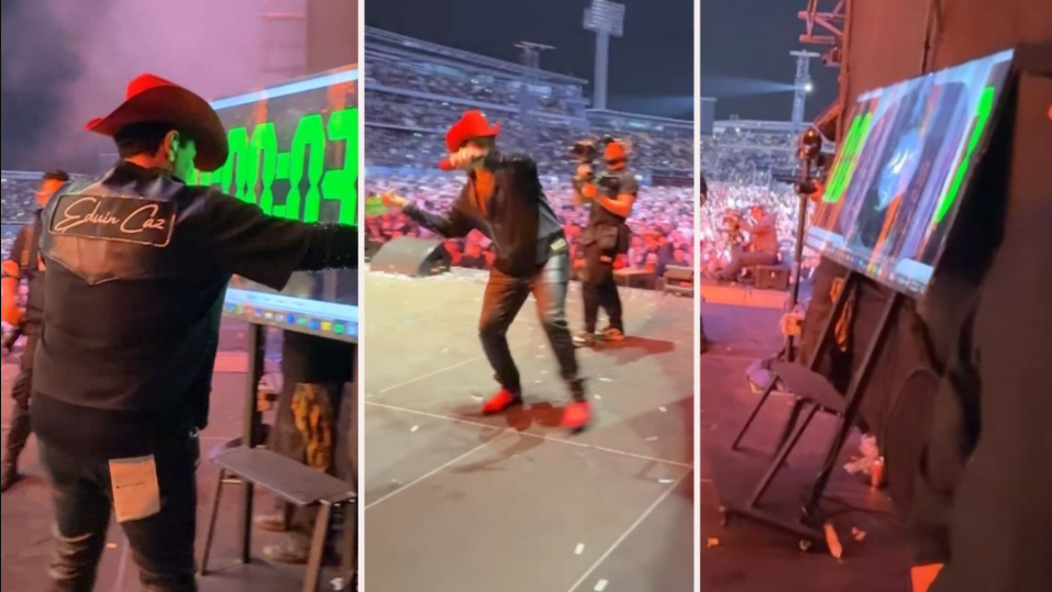 Eduin Caz rompe una pantalla del escenario durante el concierto de Grupo Firme en Colombia