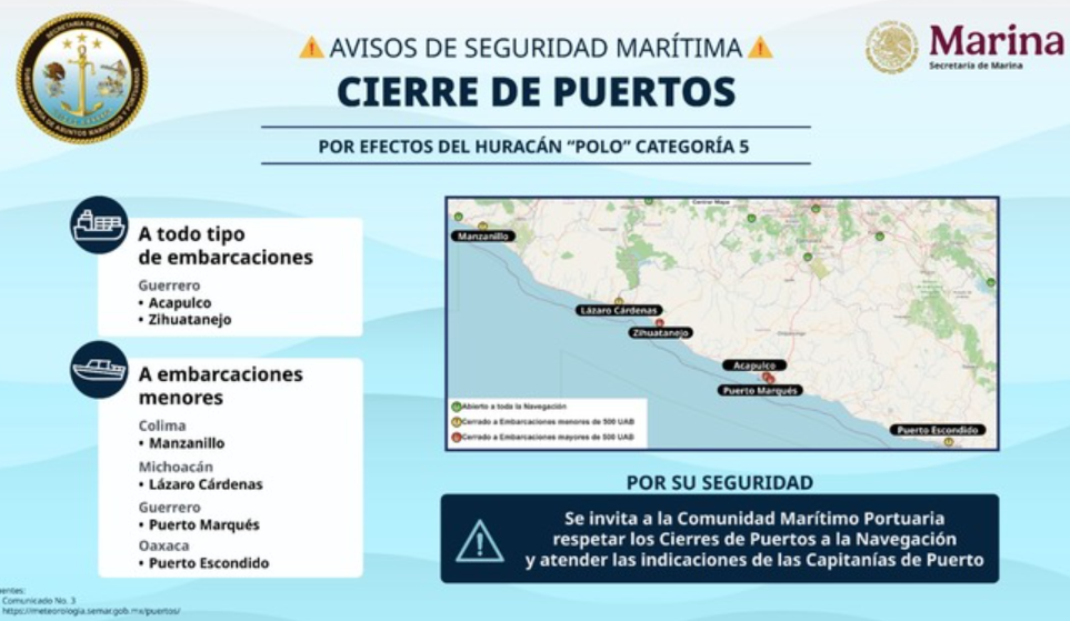 Marina activa medidas preventivas ante el huracán “Polo” en el Pacífico mexicano